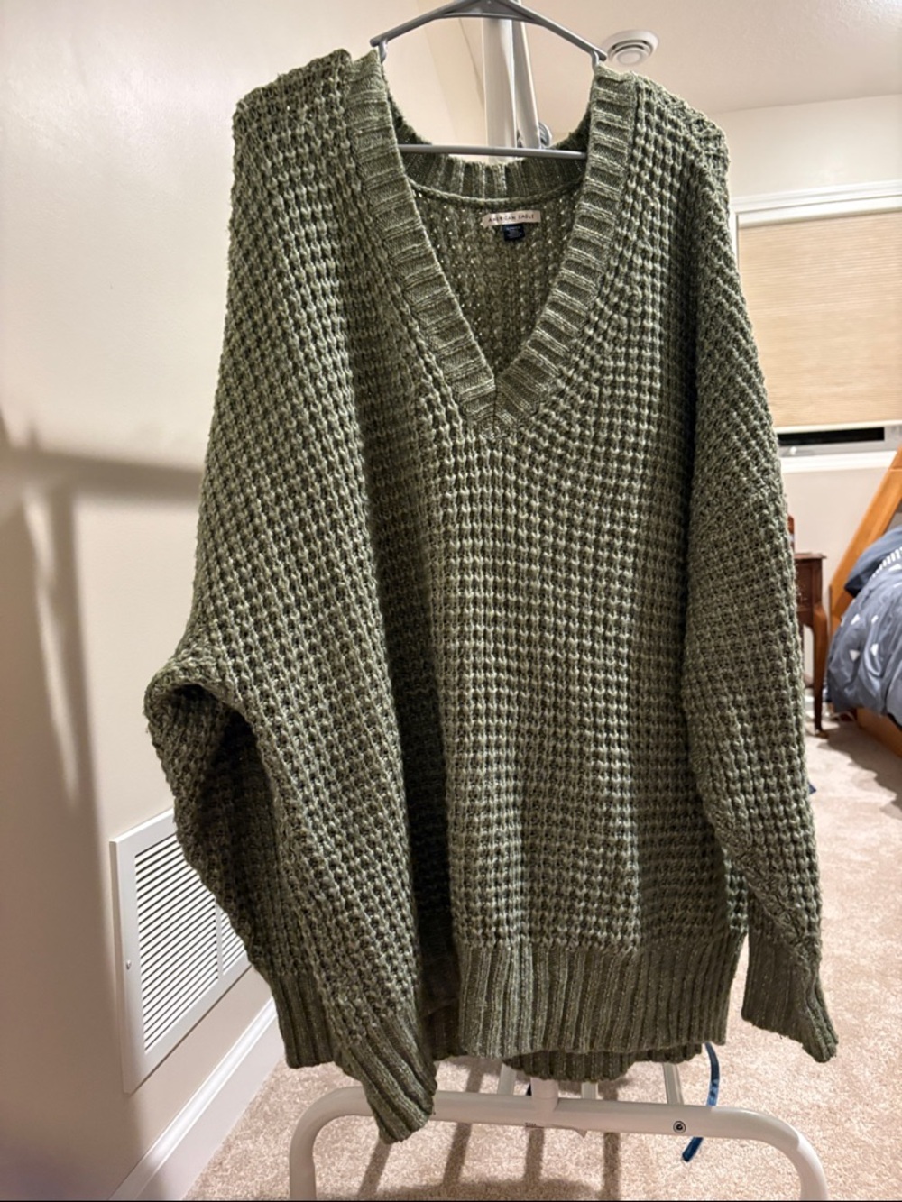 American Eagle Oversized V-Neck Knit Sweater - Olive Green